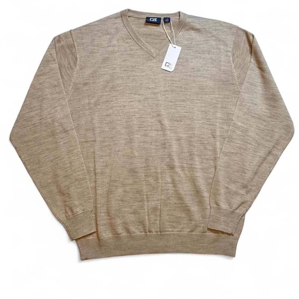 Cutter & Buck men’s Merino Wool & Acrylic vneck Sweater Tan/cream size large dim
